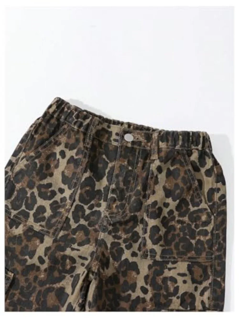 Leopard Print Cargo Pants Straight Wide Leg Denim Jeans with Pockets